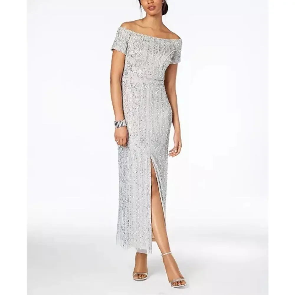 Adrianna Papell Blue Silver Long Formal Gown Dress 12 New Nwt - Picture 3 of 15